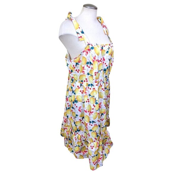 Womens Dress Size Large Lemon Cherry Print Midi Ruffle Hem Wide Strap Sundress - Picture 2 of 5